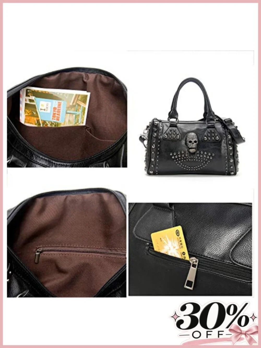 Gothic Skull Shoulder Bag Faux Leather Large Capacity Handbag with Studs